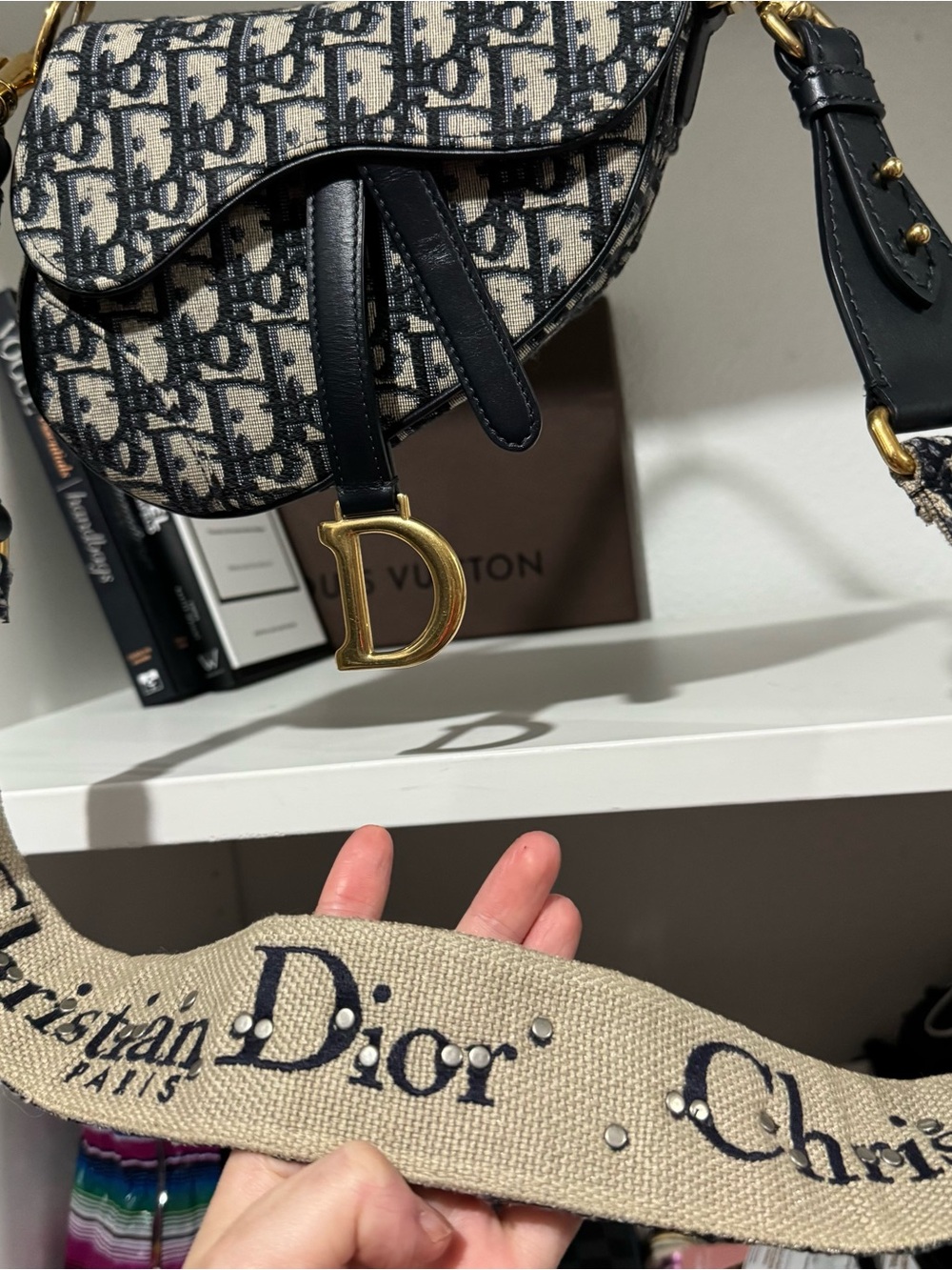 Christian Dior Blue and Beige Saddle Logo Canvas Shoulder Bag Mini with strap - Picture 3 of 7
